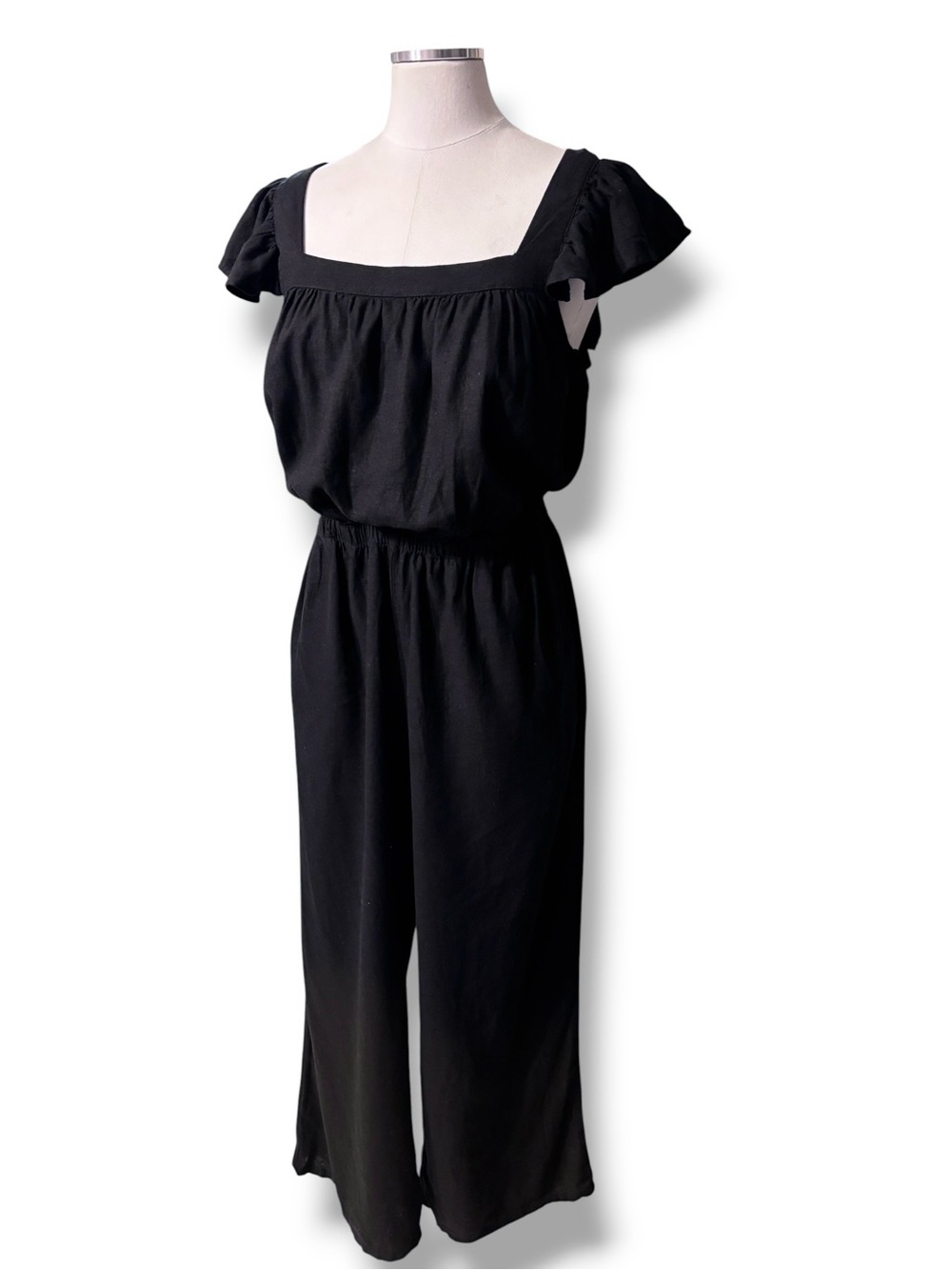 H&M Black Linen Blend Ruffle Strap Jumpsuit Size Medium